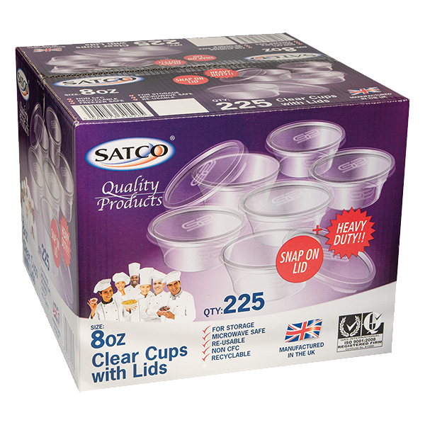 SATCO 8oz Clear Plastic Cups with Lids (QTY 225) – Syldon Foods